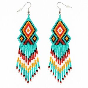 Boho Beaded Fringe Earrings – Turquoise Red Orange Southwest Diamond Pattern